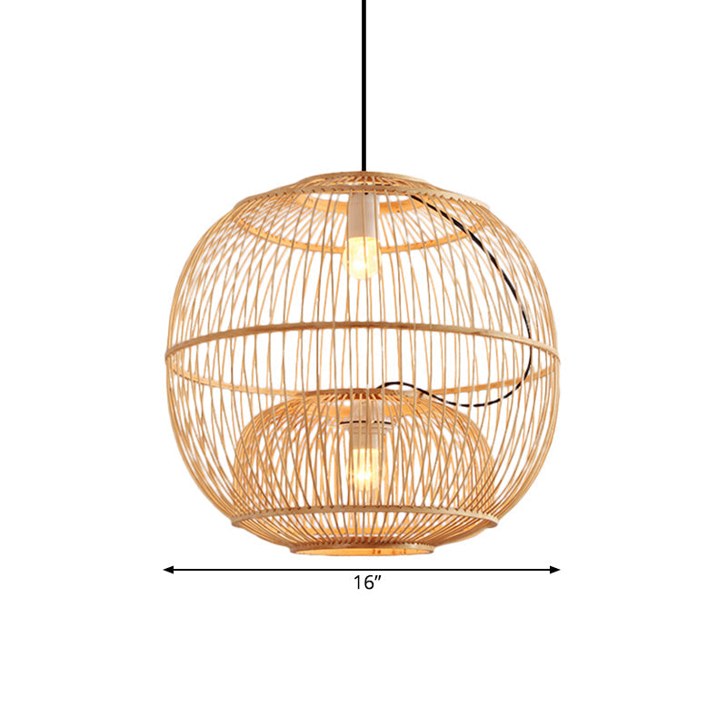 Bamboo Global Shade Pendant Lighting Contemporary Style 2 Lights Beige Hanging Lamp for Restaurant, 14