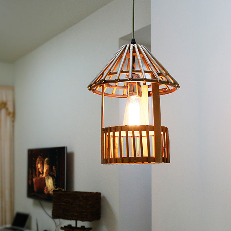 Small Pavilion Shaped Hanging Lamp Asian Style Bamboo 1-Light Dining Room Suspension Pendant in Natural Wood Wood Clearhalo 'Ceiling Lights' 'Pendant Lights' 'Pendants' Lighting' 141195_1d11681e-b79e-4765-bc4a-d411367a5099