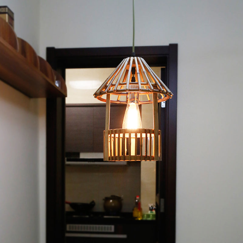 Small Pavilion Shaped Hanging Lamp Asian Style Bamboo 1-Light Dining Room Suspension Pendant in Natural Wood Clearhalo 'Ceiling Lights' 'Pendant Lights' 'Pendants' Lighting' 141196