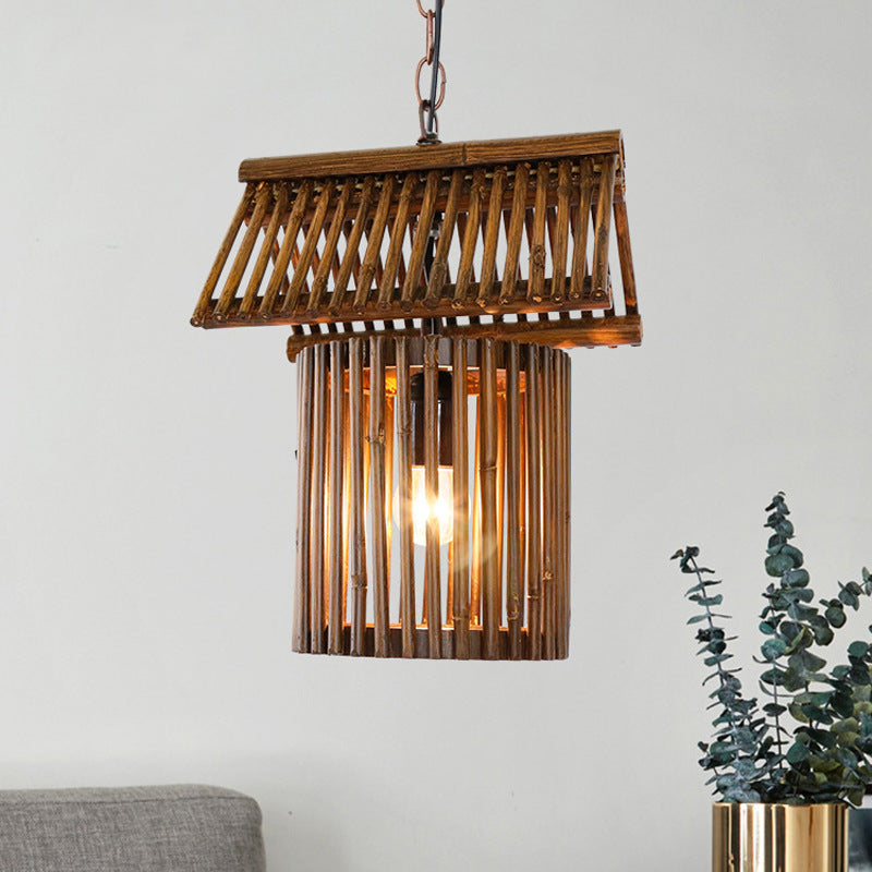 House Shape Drop Pendant Rustic Bamboo 1-Light Brown Hanging Ceiling Light for Living Room Clearhalo 'Ceiling Lights' 'Pendant Lights' 'Pendants' Lighting' 141207