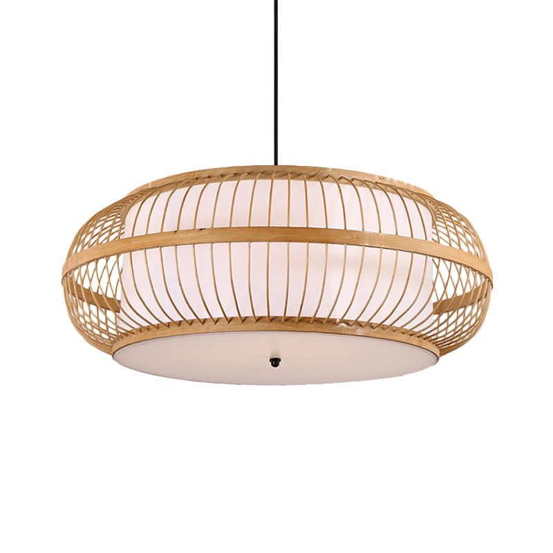 Beige Drum Pendant Lighting Asian Style 1 Light Bamboo Hanging Ceiling Light for Dining Room, 18