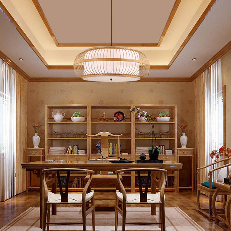 Beige Drum Pendant Lighting Asian Style 1 Light Bamboo Hanging Ceiling Light for Dining Room, 18