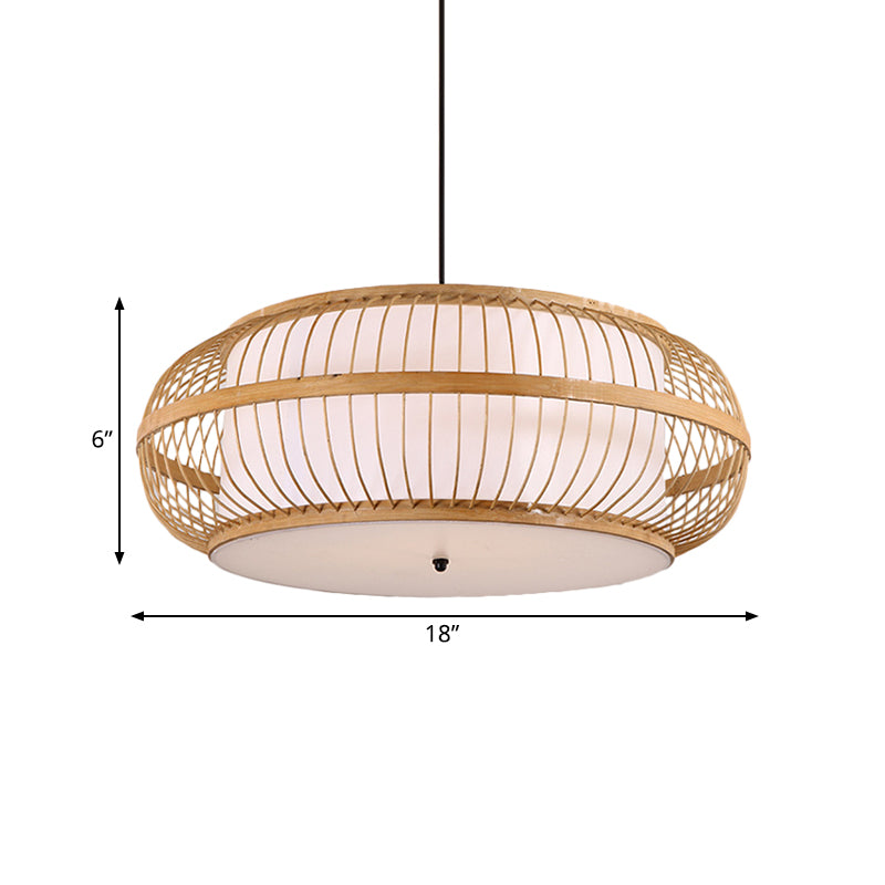 Beige Drum Pendant Lighting Asian Style 1 Light Bamboo Hanging Ceiling Light for Dining Room, 18