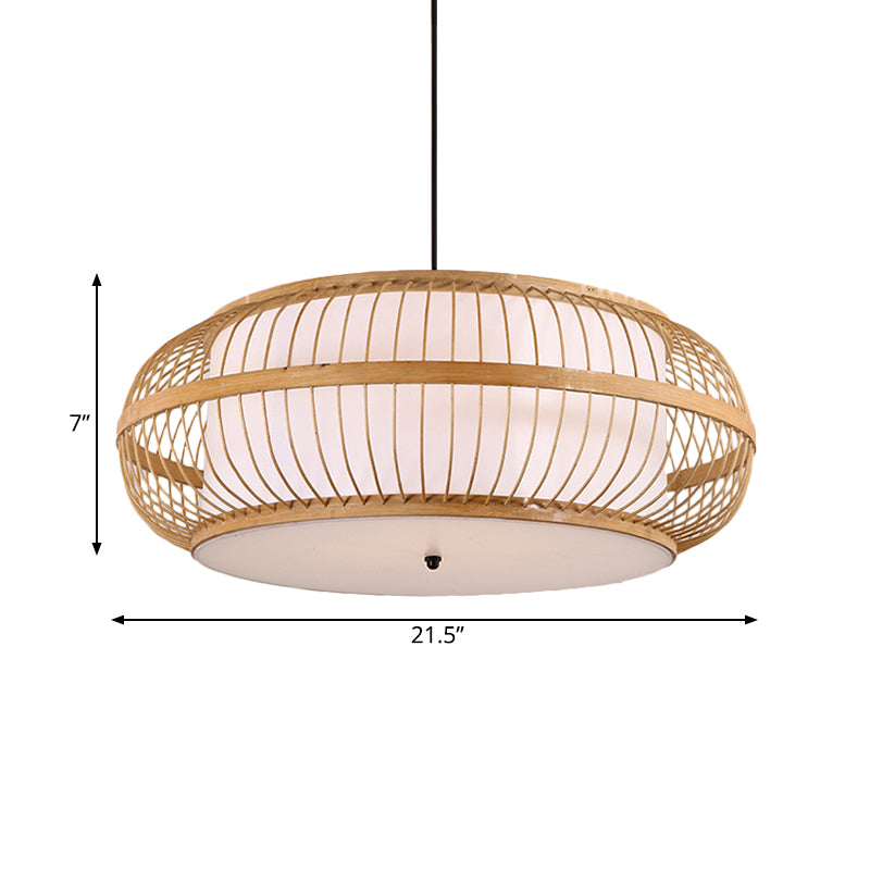 Beige Drum Pendant Lighting Asian Style 1 Light Bamboo Hanging Ceiling Light for Dining Room, 18