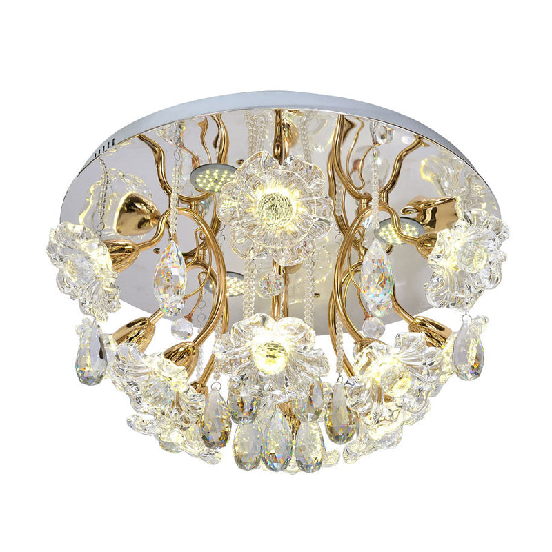 Gold LED Lighting Fixture Traditional Clear Crystal Floral Shade Flush Mount Lamp with Droplet Clearhalo 'Ceiling Lights' 'Close To Ceiling Lights' 'Close to ceiling' 'Semi-flushmount' Lighting' 1415872