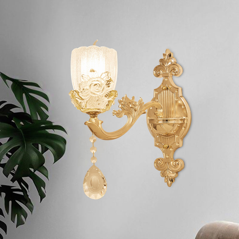 Clear Crystal Floral Shade Wall Lamp Traditional 1/2-Head Living Room Sconce Light in Brass with Curvy Arm Clearhalo 'Wall Lamps & Sconces' 'Wall Lights' Lighting' 1415956