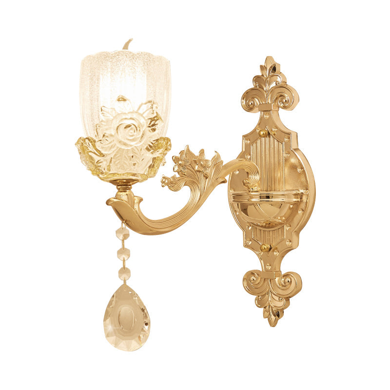 Clear Crystal Floral Shade Wall Lamp Traditional 1/2-Head Living Room Sconce Light in Brass with Curvy Arm Clearhalo 'Wall Lamps & Sconces' 'Wall Lights' Lighting' 1415957