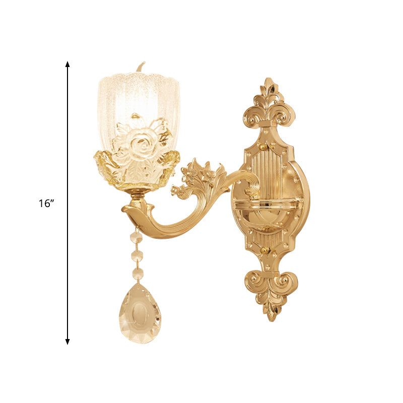 Clear Crystal Floral Shade Wall Lamp Traditional 1/2-Head Living Room Sconce Light in Brass with Curvy Arm Clearhalo 'Wall Lamps & Sconces' 'Wall Lights' Lighting' 1415958