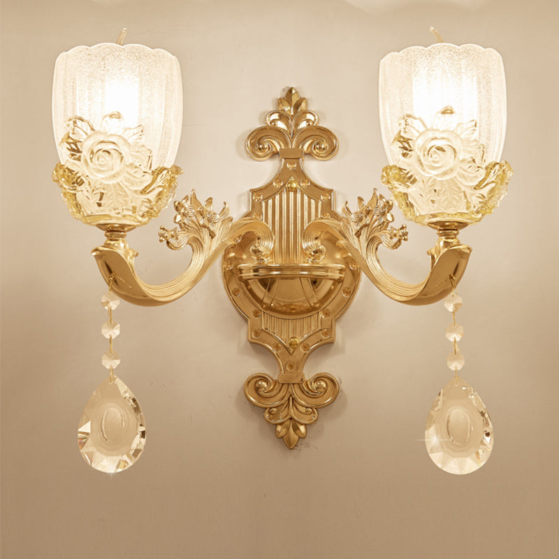 Clear Crystal Floral Shade Wall Lamp Traditional 1/2-Head Living Room Sconce Light in Brass with Curvy Arm Clearhalo 'Wall Lamps & Sconces' 'Wall Lights' Lighting' 1415962