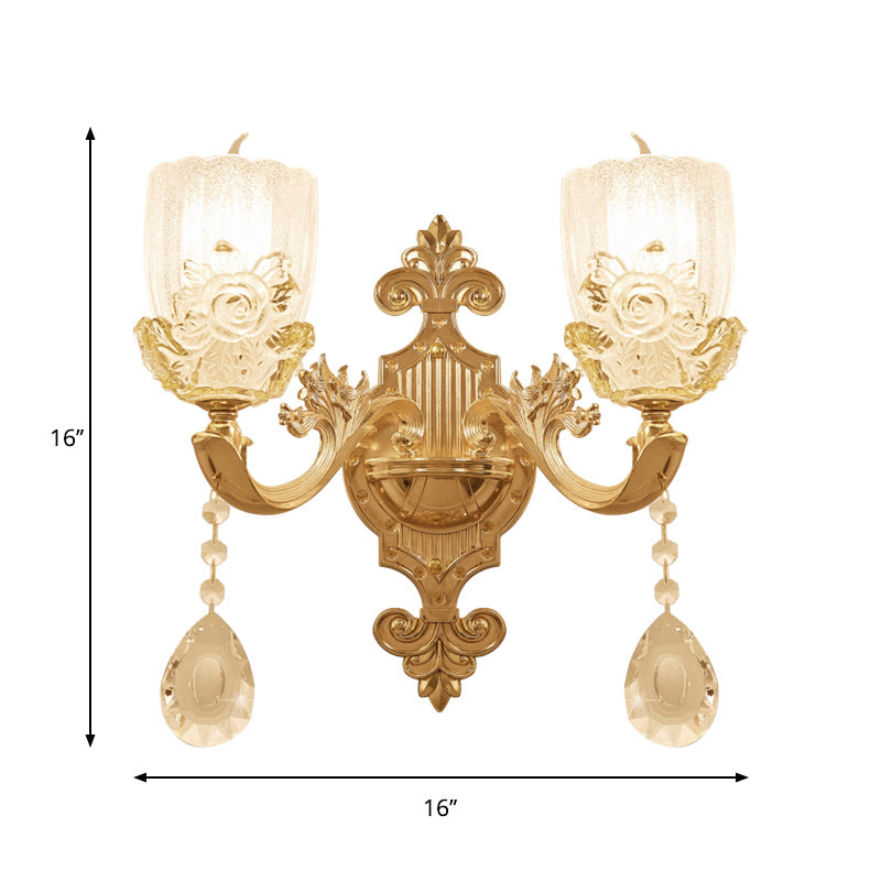 Clear Crystal Floral Shade Wall Lamp Traditional 1/2-Head Living Room Sconce Light in Brass with Curvy Arm Clearhalo 'Wall Lamps & Sconces' 'Wall Lights' Lighting' 1415963