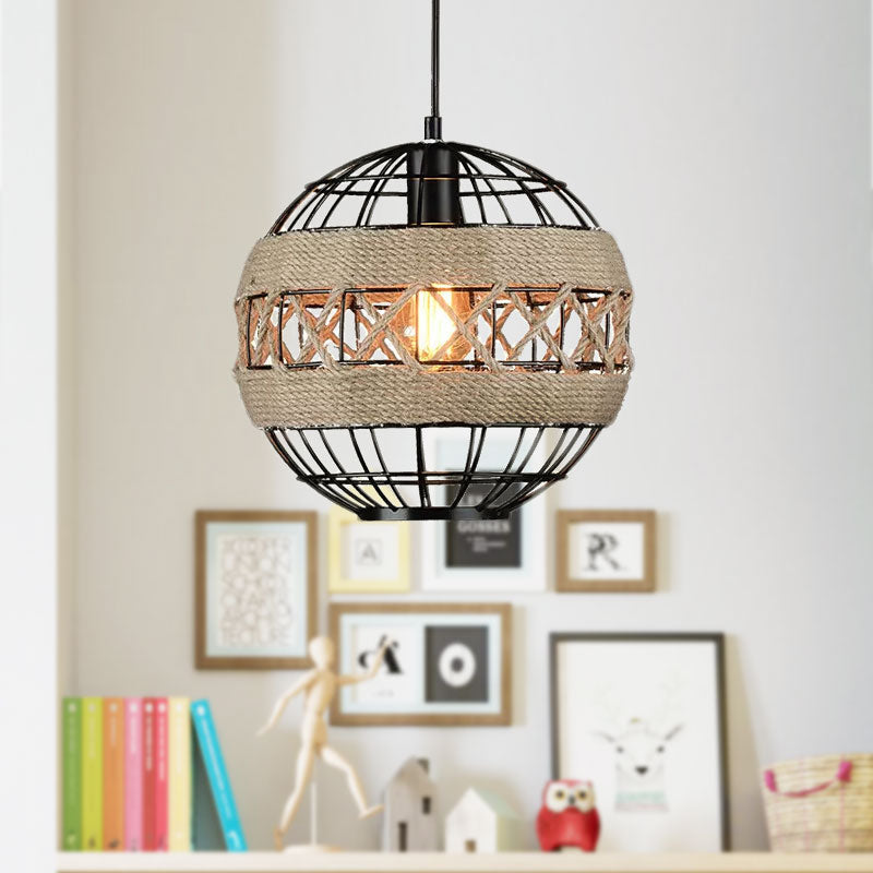 Sphere Pendant Lighting with Metal Frame and Rope Rustic 1 Light Hanging Ceiling Light in Black Clearhalo 'Art Deco Pendants' 'Black' 'Cast Iron' 'Ceiling Lights' 'Ceramic' 'Crystal' 'Industrial Pendants' 'Industrial' 'Metal' 'Middle Century Pendants' 'Pendant Lights' 'Pendants' 'Rustic Pendants' 'Tiffany' Lighting' 1416110