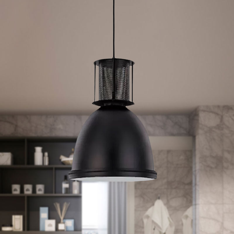 1 Light Dome Pendant Lighting Retro Metallic Black Finish Suspension Lamp with Mesh Design, 7.5