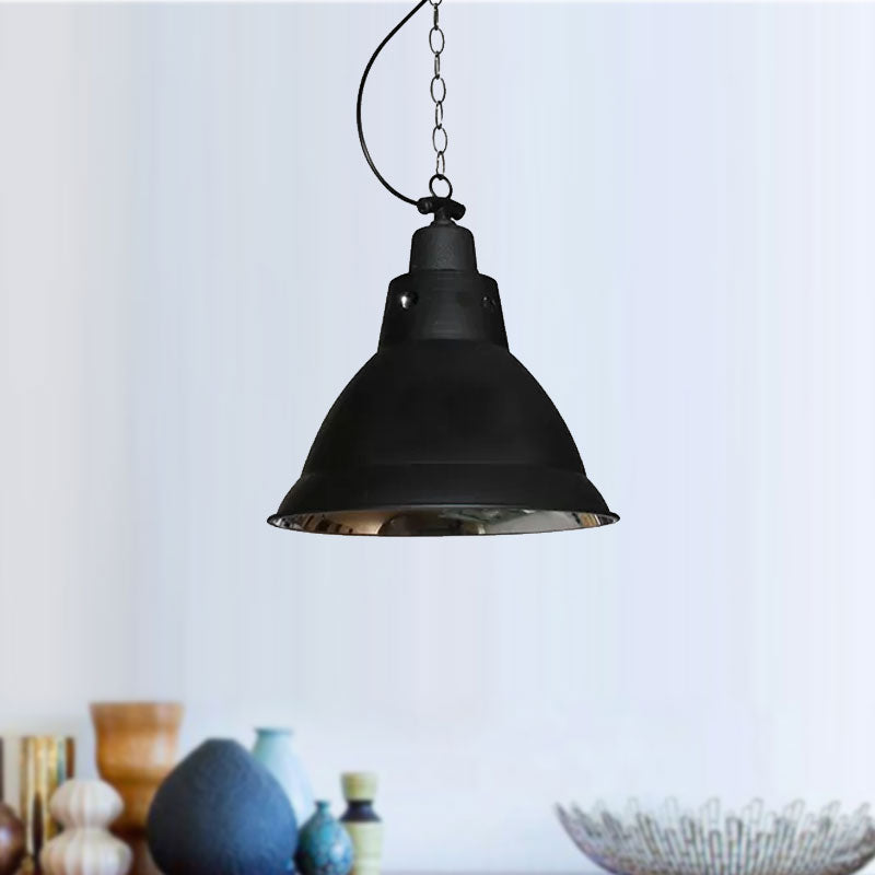 1 Light Dome Pendant Lighting Farmhouse Black Finish Metal Hanging Lamp with Chain for Stairway, 12