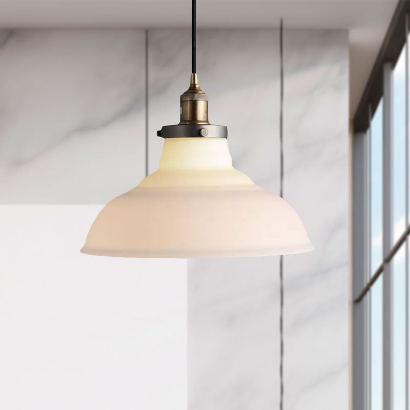 Brass Barn Pendant Fixture Farmhouse White Glass Single-Bulb Living Room Hanging Ceiling Light Clearhalo 'Ceiling Lights' 'Glass shade' 'Glass' 'Industrial Pendants' 'Industrial' 'Middle Century Pendants' 'Pendant Lights' 'Pendants' 'Tiffany' Lighting' 1416474