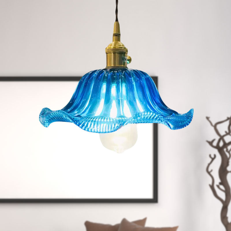 Industrial Scalloped Hanging Ceiling Light 1 Light Blue Glass Pendant Lighting Fixture, 12