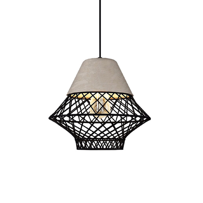 1 Bulb Geometric Pendant Light Fixture with Cage Shade Vintage Black/Gold Cement Suspension Light for Dining Room, 11