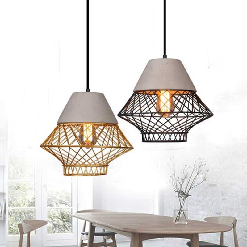 1 Bulb Geometric Pendant Light Fixture with Cage Shade Vintage Black/Gold Cement Suspension Light for Dining Room, 11