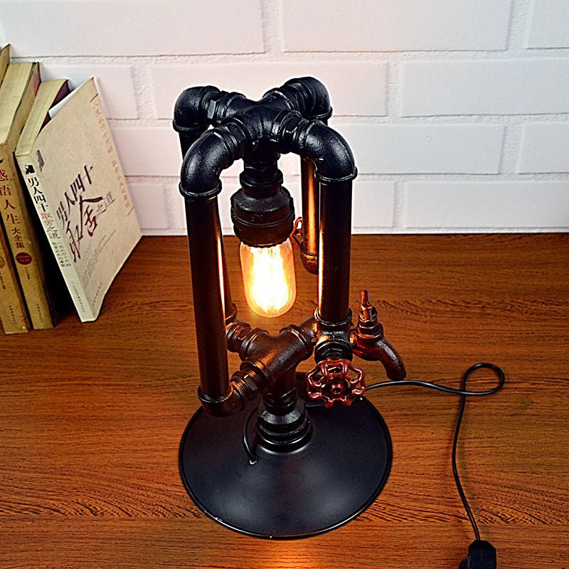 Polished Black 1 Head Standing Table Lamp Industrial Metal Water Pipe Table Lighting with Faucet and Valve Clearhalo 'Lamps' 'Table Lamps' Lighting' 1417063