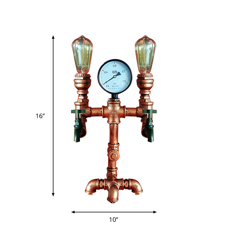 2 Lights Piped Table Lamp with Gauge and Faucet Decoration Industrial Rust Wrought Iron Standing Light Clearhalo 'Lamps' 'Table Lamps' Lighting' 1417068