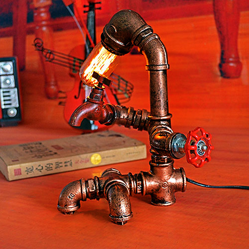 Dark Rust Pipe Man Table Lighting with Open Bulb Farmhouse Wrought Iron 1 Light Bedroom Table Lamp Rust Clearhalo 'Lamps' 'Table Lamps' Lighting' 1417069