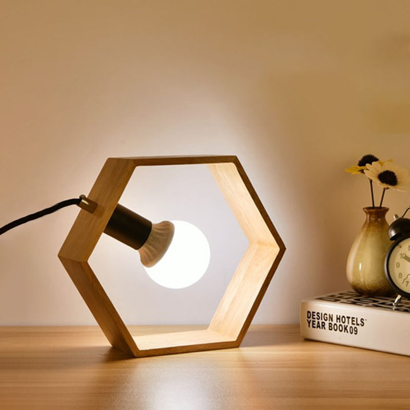 1 Light Hexagon Table Lighting with Frame Shade Lodge Style Wood Standing Lamp for Bedside Clearhalo 'Lamps' 'Table Lamps' Lighting' 1417121