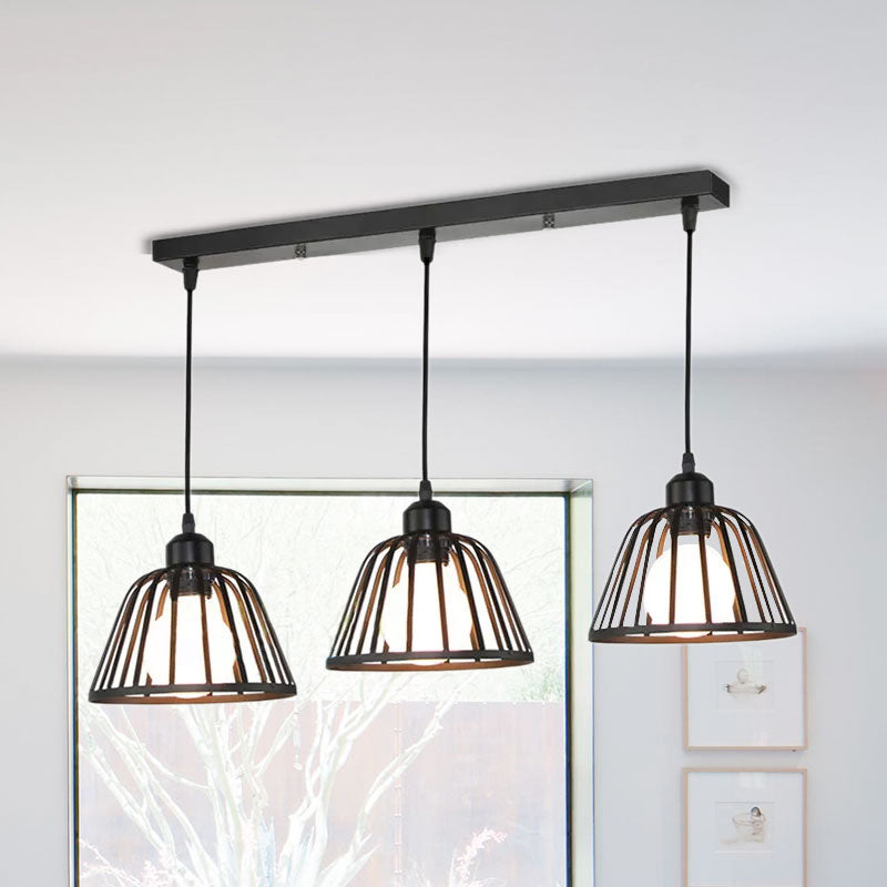 Dome Pendant Lighting Metal Frame 3 Lights Kitchen Hanging Ceiling Light in Black Black Linear Clearhalo 'Art Deco Pendants' 'Black' 'Cast Iron' 'Ceiling Lights' 'Ceramic' 'Crystal' 'Industrial Pendants' 'Industrial' 'Metal' 'Middle Century Pendants' 'Pendant Lights' 'Pendants' 'Rustic Pendants' 'Tiffany' Lighting' 1417201