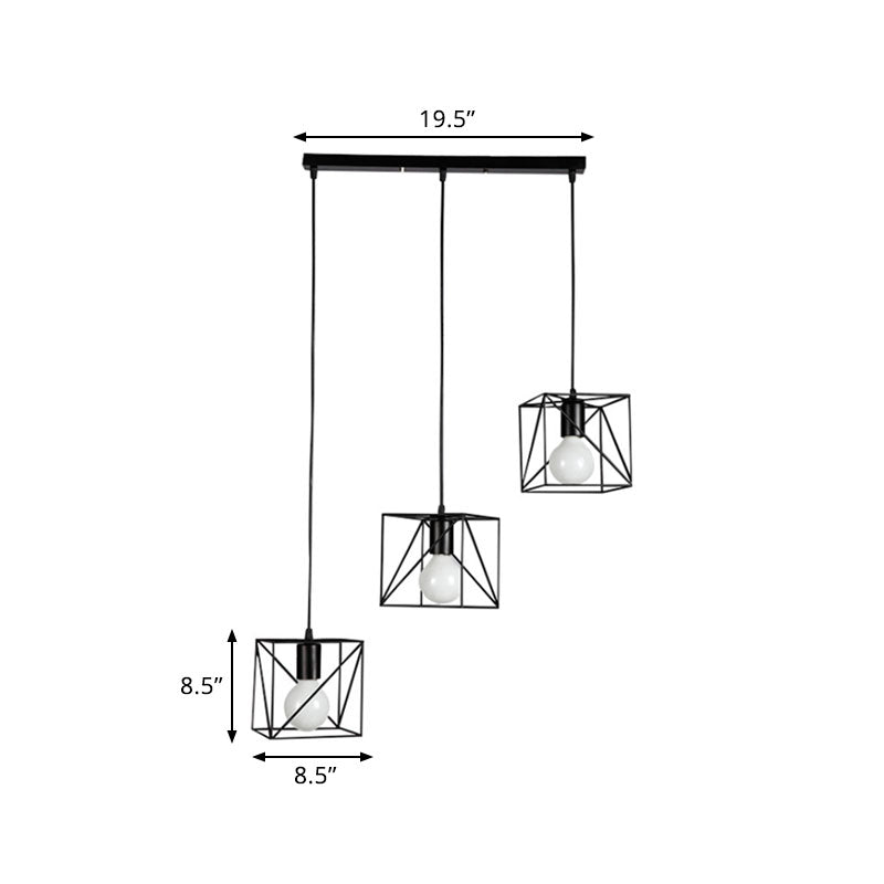 Squared Frame Metal Ceiling Fixture Loft Industrial 3 Lights Bedside Hanging Ceiling Light in Black Clearhalo 'Art Deco Pendants' 'Black' 'Cast Iron' 'Ceiling Lights' 'Ceramic' 'Crystal' 'Industrial Pendants' 'Industrial' 'Metal' 'Middle Century Pendants' 'Pendant Lights' 'Pendants' 'Rustic Pendants' 'Tiffany' Lighting' 1417298