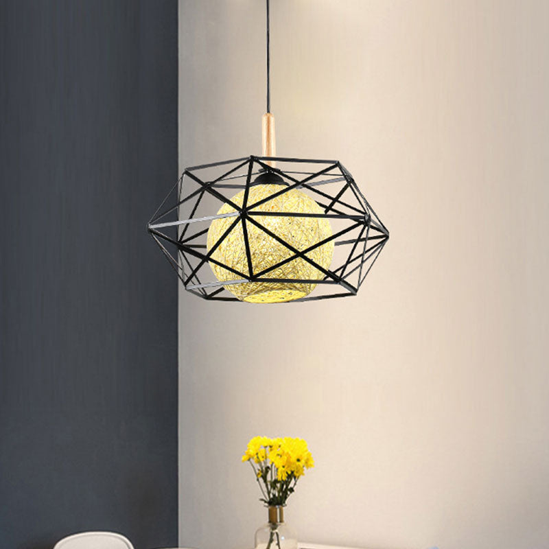 Faceted Cage Metal Pendant Light with Globe Rattan Shade Industrial 1 Light Foyer Dining Room in Black Clearhalo 'Ceiling Lights' 'Pendant Lights' 'Pendants' Lighting' 1417311