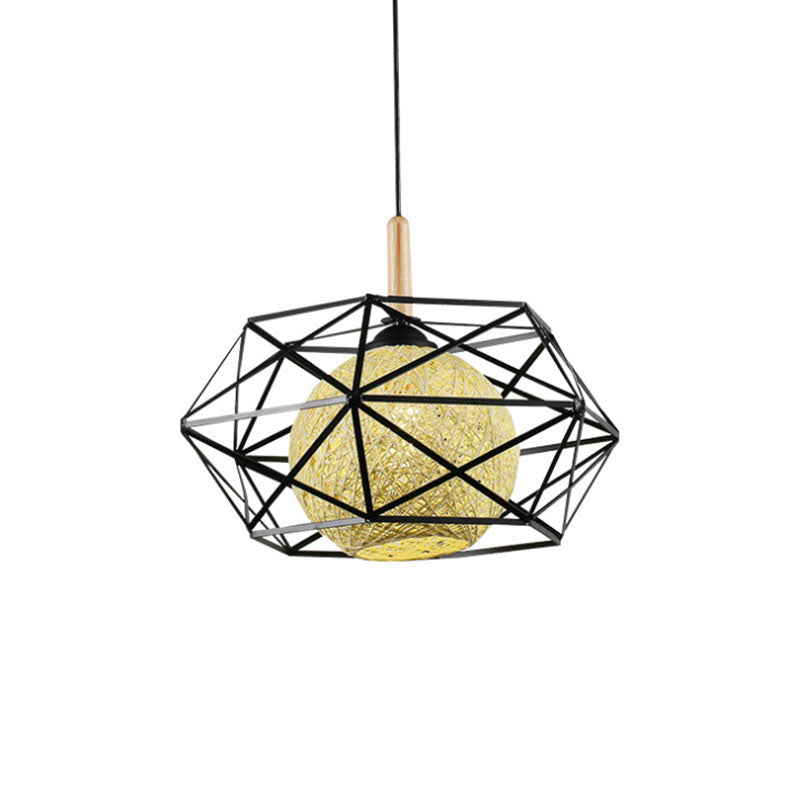 Faceted Cage Metal Pendant Light with Globe Rattan Shade Industrial 1 Light Foyer Dining Room in Black Clearhalo 'Ceiling Lights' 'Pendant Lights' 'Pendants' Lighting' 1417314