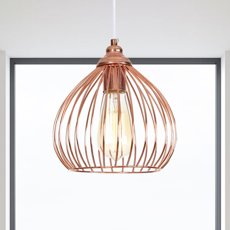 Gourd Single Pendant Light with Wire Guard 1 Light Industrial Hanging Ceiling Light in Rose Gold Rose Gold Clearhalo 'Art Deco Pendants' 'Cast Iron' 'Ceiling Lights' 'Ceramic' 'Crystal' 'Industrial Pendants' 'Industrial' 'Metal' 'Middle Century Pendants' 'Pendant Lights' 'Pendants' 'Tiffany' Lighting' 1417348