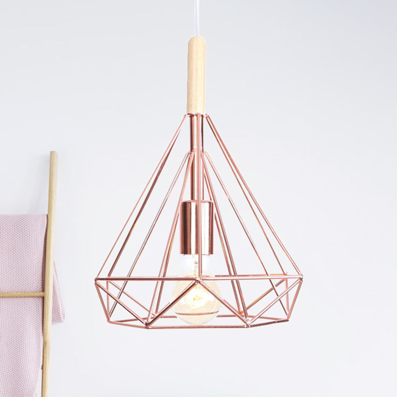 Diamond Metal Cage Pendant Light Nordic Industrial 1 Light Ceiling Hanging Light in Rose Gold Rose Gold Small Clearhalo 'Art Deco Pendants' 'Cast Iron' 'Ceiling Lights' 'Ceramic' 'Crystal' 'Industrial Pendants' 'Industrial' 'Metal' 'Middle Century Pendants' 'Pendant Lights' 'Pendants' 'Tiffany' Lighting' 1417358