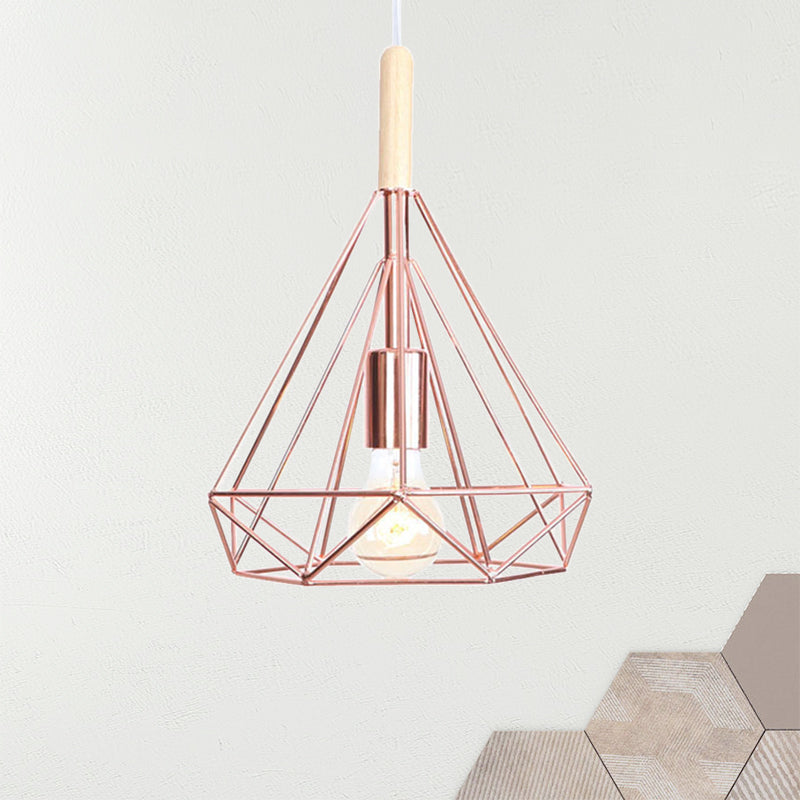 Diamond Metal Cage Pendant Light Nordic Industrial 1 Light Ceiling Hanging Light in Rose Gold Clearhalo 'Art Deco Pendants' 'Cast Iron' 'Ceiling Lights' 'Ceramic' 'Crystal' 'Industrial Pendants' 'Industrial' 'Metal' 'Middle Century Pendants' 'Pendant Lights' 'Pendants' 'Tiffany' Lighting' 1417360