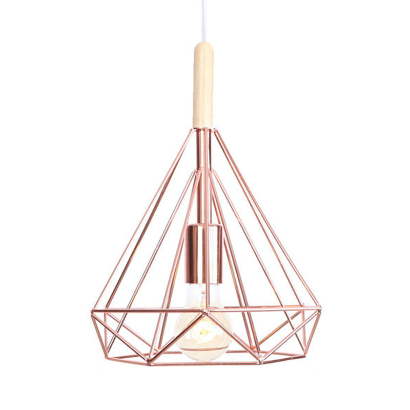 Diamond Metal Cage Pendant Light Nordic Industrial 1 Light Ceiling Hanging Light in Rose Gold Clearhalo 'Art Deco Pendants' 'Cast Iron' 'Ceiling Lights' 'Ceramic' 'Crystal' 'Industrial Pendants' 'Industrial' 'Metal' 'Middle Century Pendants' 'Pendant Lights' 'Pendants' 'Tiffany' Lighting' 1417361