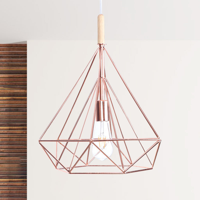 Diamond Metal Cage Pendant Light Nordic Industrial 1 Light Ceiling Hanging Light in Rose Gold Rose Gold Large Clearhalo 'Art Deco Pendants' 'Cast Iron' 'Ceiling Lights' 'Ceramic' 'Crystal' 'Industrial Pendants' 'Industrial' 'Metal' 'Middle Century Pendants' 'Pendant Lights' 'Pendants' 'Tiffany' Lighting' 1417363