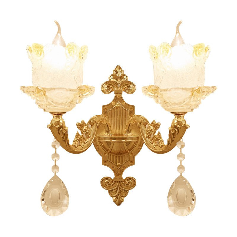 Traditional Scrolled Arm Sconce 1/2-Bulb Glass Blossom Shade Wall Mount Light in Brass with Crystal Accents Clearhalo 'Wall Lamps & Sconces' 'Wall Lights' Lighting' 1417386