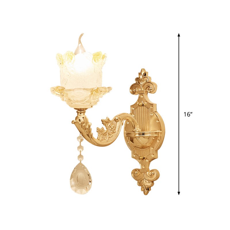 Traditional Scrolled Arm Sconce 1/2-Bulb Glass Blossom Shade Wall Mount Light in Brass with Crystal Accents Clearhalo 'Wall Lamps & Sconces' 'Wall Lights' Lighting' 1417393