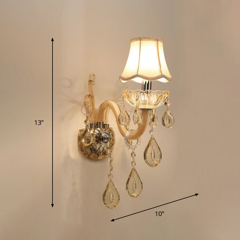 1/2-Head Swirled Arm Wall Lighting Traditional Champagne Crystal Drops Sconce with Flared Fabric Shade Clearhalo 'Wall Lamps & Sconces' 'Wall Lights' Lighting' 1417400