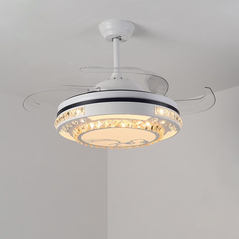 LED Round Pendant Fan Lamp Modern White Clear Crystal Blocks Semi Flush with 4 Blades, 21.5