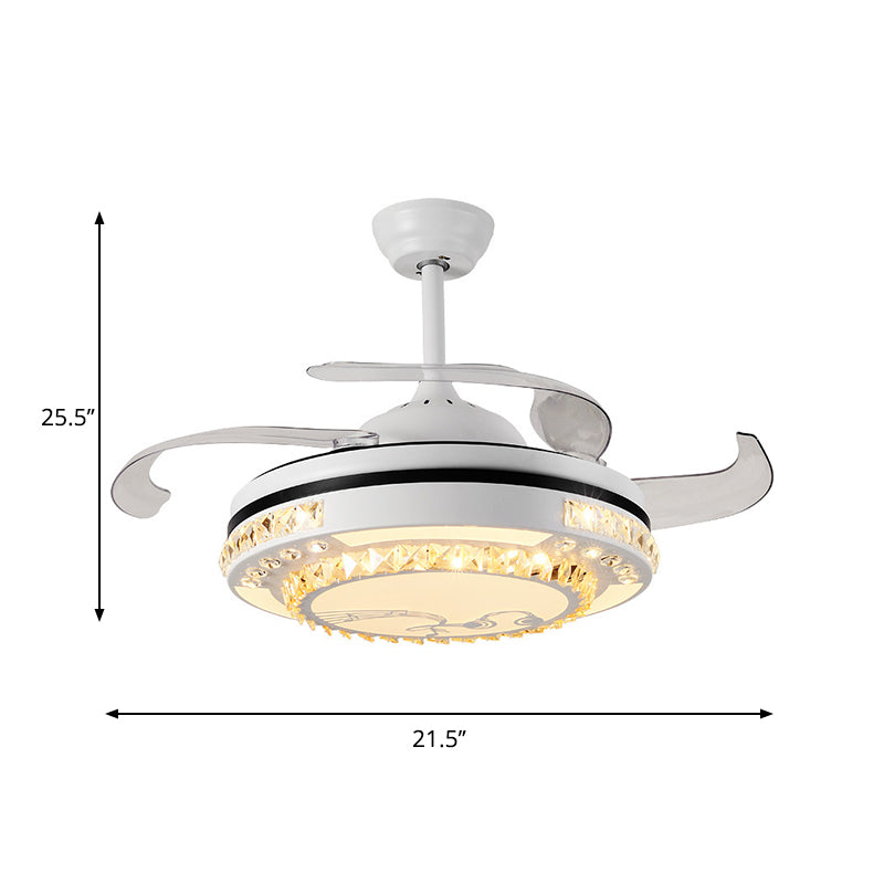 LED Round Pendant Fan Lamp Modern White Clear Crystal Blocks Semi Flush with 4 Blades, 21.5