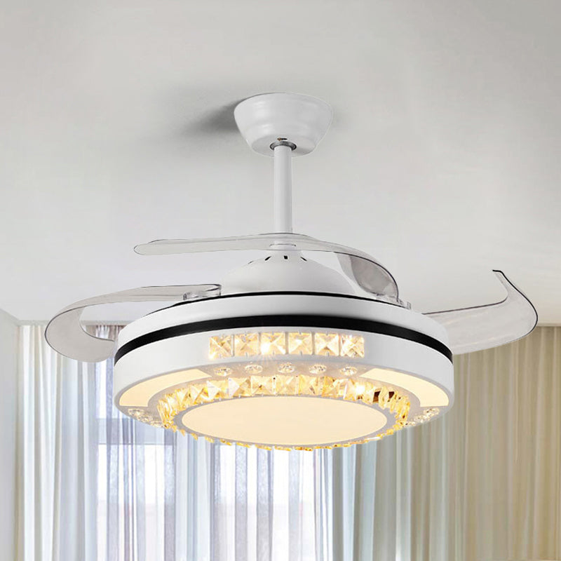 LED Round Pendant Fan Lamp Modern White Clear Crystal Blocks Semi Flush with 4 Blades, 21.5
