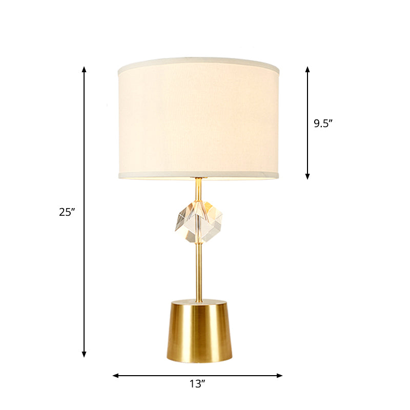 Gold 1 Head Table Light Traditional Fabric Drum Shade Nightstand Lamp with Clear Crystal Cube Deco Clearhalo 'Lamps' 'Table Lamps' Lighting' 1417460