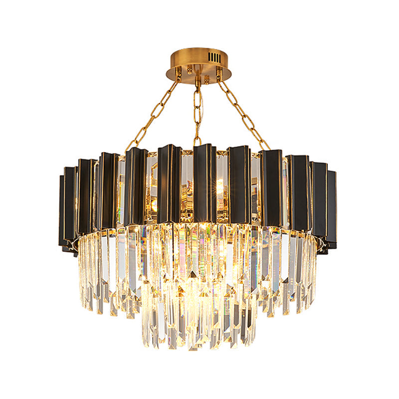 Tapered Bedroom Chandelier Light Modern Clear Crystal Prisms 9 Heads Black Finish Hanging Lamp Kit Clearhalo 'Ceiling Lights' 'Chandeliers' 'Modern Chandeliers' 'Modern' Lighting' 1417506