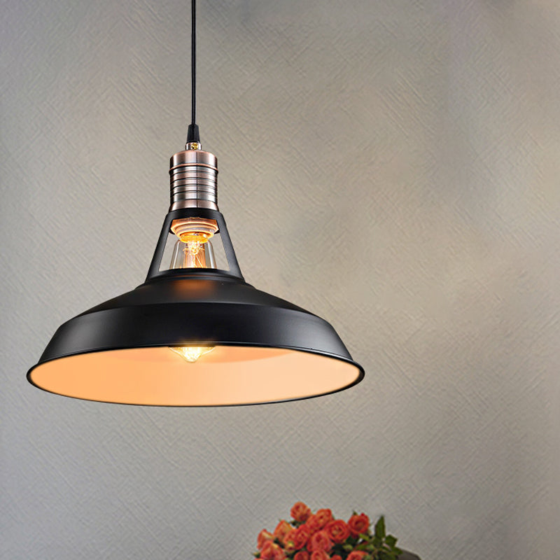 Vintage Style Barn Hanging Pendant Light 1 Bulb Metallic Suspension Light in Black/White, 10.5/12/15 Inch Width Black Clearhalo 'Art Deco Pendants' 'Black' 'Cast Iron' 'Ceiling Lights' 'Ceramic' 'Crystal' 'Industrial Pendants' 'Industrial' 'Metal' 'Middle Century Pendants' 'Pendant Lights' 'Pendants' 'Rustic Pendants' 'Tiffany' Lighting' 1418095