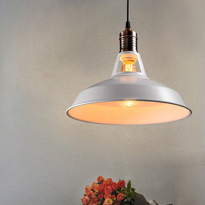 Vintage Style Barn Hanging Pendant Light 1 Bulb Metallic Suspension Light in Black/White, 10.5/12/15 Inch Width White Clearhalo 'Art Deco Pendants' 'Black' 'Cast Iron' 'Ceiling Lights' 'Ceramic' 'Crystal' 'Industrial Pendants' 'Industrial' 'Metal' 'Middle Century Pendants' 'Pendant Lights' 'Pendants' 'Rustic Pendants' 'Tiffany' Lighting' 1418102