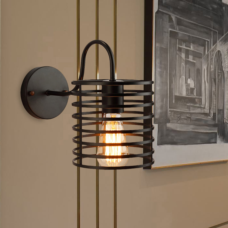 Metal Cylinder Caged Wall Lamp with Gooseneck Arm Retro 1 Head Corridor Wall Sconce Light in Black, 8.5