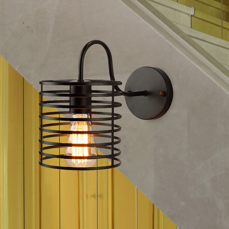 Metal Cylinder Caged Wall Lamp with Gooseneck Arm Retro 1 Head Corridor Wall Sconce Light in Black, 8.5