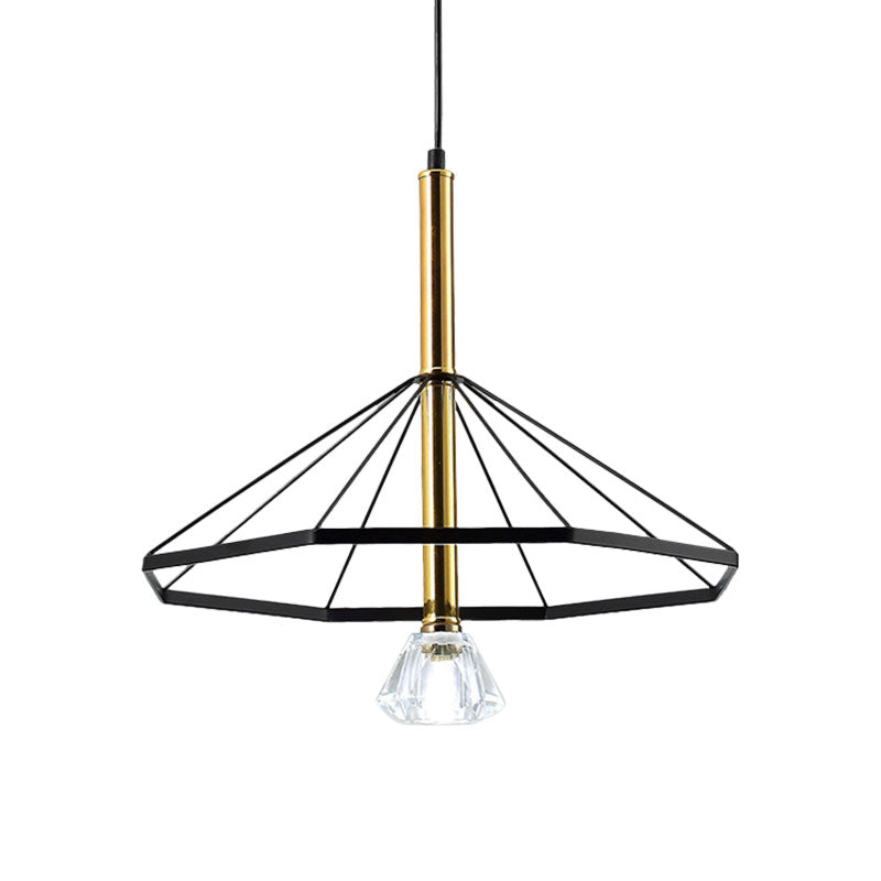 1 Light Pendant Lamp Industrial Style Caged Metal Hanging Light with Clear Crystal Shade in Black Finish Clearhalo 'Ceiling Lights' 'Pendant Lights' 'Pendants' Lighting' 1418171