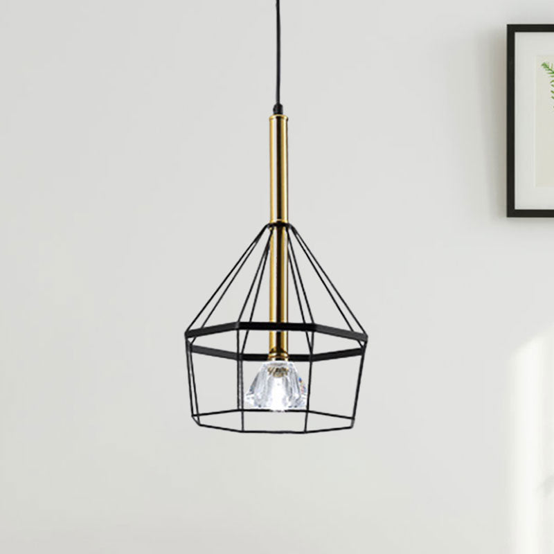 1 Light Pendant Lamp Industrial Style Caged Metal Hanging Light with Clear Crystal Shade in Black Finish Clearhalo 'Ceiling Lights' 'Pendant Lights' 'Pendants' Lighting' 1418180