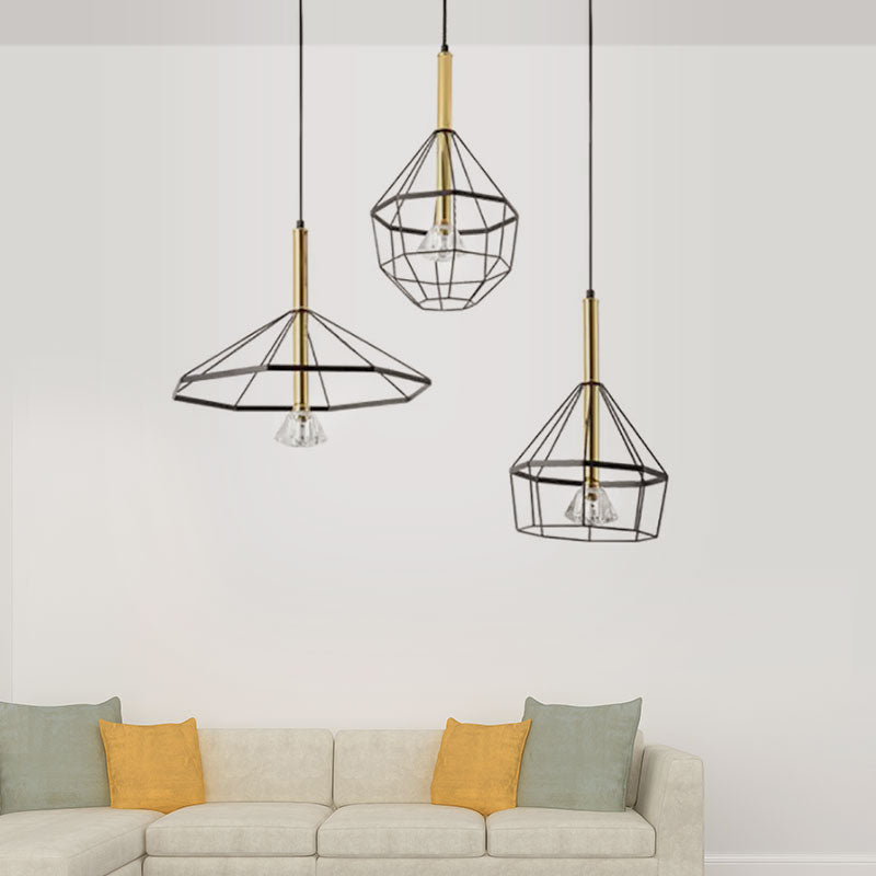 Industrial Wire Cage Ceiling Pendant with Different Shade 3 Lights Metal Hanging Ceiling Light in Black Clearhalo 'Ceiling Lights' 'Pendant Lights' 'Pendants' Lighting' 1418249