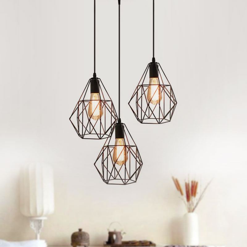 Vintage Style Faceted Cage Ceiling Fixture 3 Bulbs Metal Pendant Lighting with Linear/Round Canopy in Black for Dining Table Clearhalo 'Ceiling Lights' 'Pendant Lights' 'Pendants' Lighting' 1418269